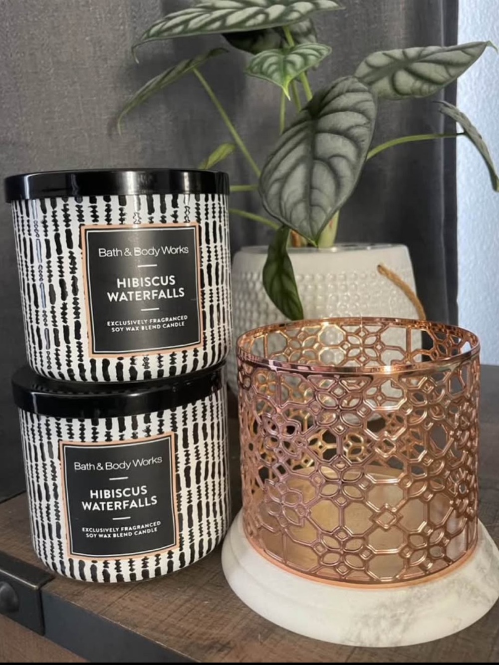 Bath & Body Works 3 wick candles Hibiscus Waterfalls and candle holder